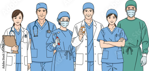 Six medical professionals in lab coats, scrubs, surgical gowns, masks, gloves, with stethoscopes, clipboard, reflex hammer, prescription bottle, teamwork healthcare illustration