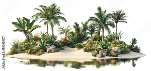 Tropical paradise island with palm trees and sandy beach, isolated on transparent cutout background