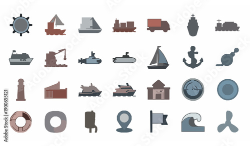 Marine transport filled icons with boat ship and harbor elements editable flat vector symbols for UI design
