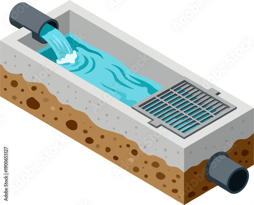 Isometric Wastewater Drainage Channel with Concrete Sewer Pipe and Metal Grate, Water Flow Vector Illustration