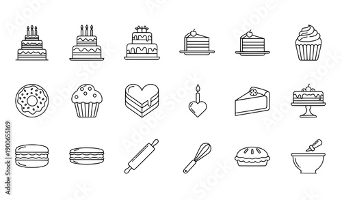 Cakes related thin line icon set black and white outline dessert vector kit for web and mobile