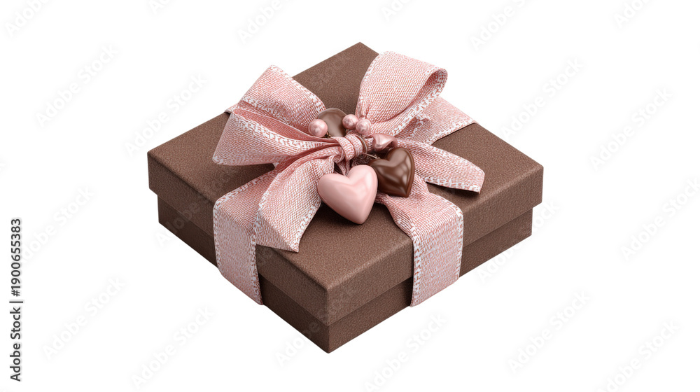 Obraz premium Delightful brown gift box embellished with a soft pink ribbon and cluster of heart-shaped ornaments for a sweet and charming present