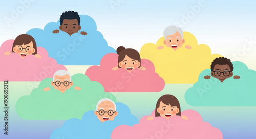 Diverse People Hiding Behind Colorful Clouds, Illustration, Isolated on White Background