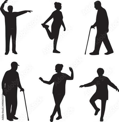 Silhouettes of elderly people engaged in various activities like stretching walking dancing and exercising with canes