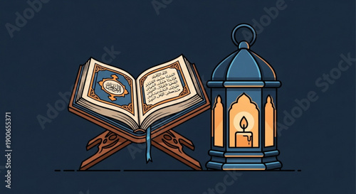 Islamic Quran and Lantern Illustration on Dark Background