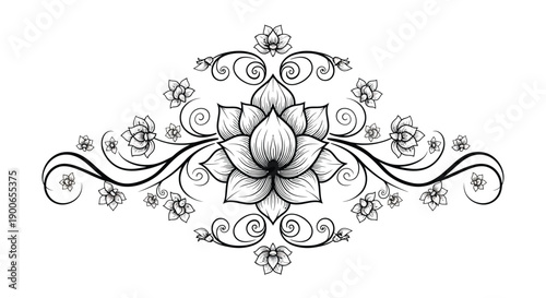 Black and white floral vector ornament with lotus flower and swirling vines, for decorative design or illustration, Isolated on transparent background, png