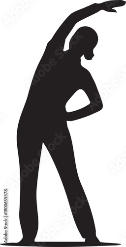 Female silhouette stretching with arm extended upwards and body bending to the side, maintaining balance
