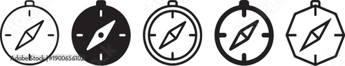 Black and white compass navigation icon set in outline and solid styles, minimalist flat vector symbols for direction, travel, and maps UI
