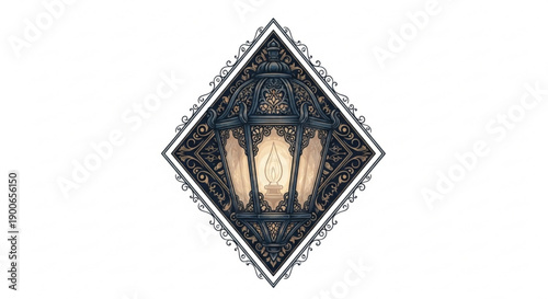 Ornate Diamond-Shaped Lantern with Golden Light Isolated on White Background