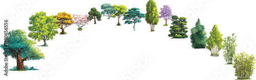Diverse collection of illustrated trees and bamboo plants in various green yellow and purple hues arranged in a curved arc against a white background