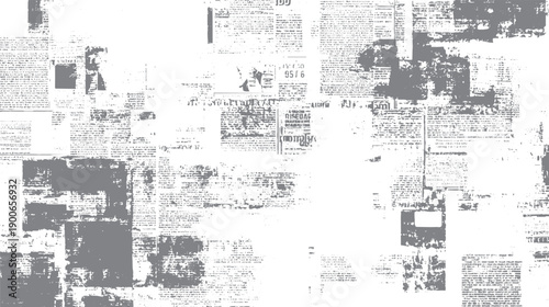 Grey newspaper clippings and text fragments overlayed on a white background print vintage grunge