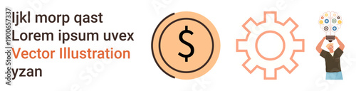 Financial management, innovation, business strategy, creative thinking, technology, problem-solving. A dollar symbol, a gear icon and a figure holding light bulbs. Finance and innovation