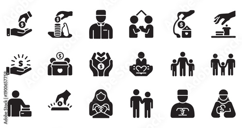 Zakat, almsgiving and donation icon set. collection of charity and kindness solid vector signs