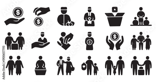 Donation icons with people giving coins and helping others concept charity and support symbols isolated