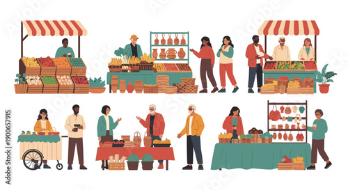 Diverse people buying and selling at a lively farmers market