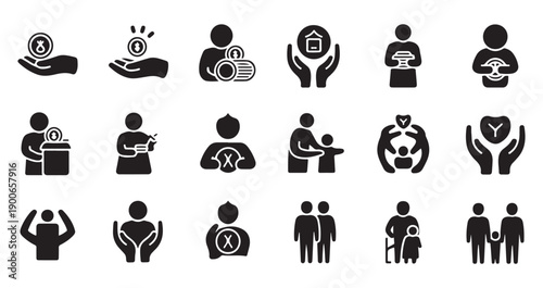 Donation and philanthropy icons including money giving family support housing aid and community protection
