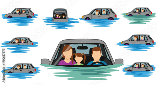 Families in cars submerged by floodwaters, danger of natural disaster