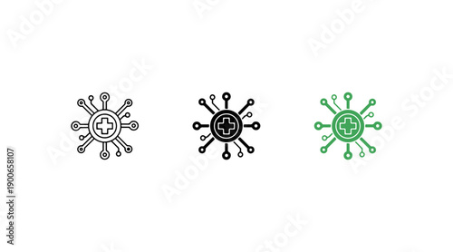 Three stylized illustrations of viruses with different colors and designs