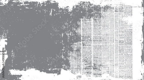 Textured grey grunge overlay on faded newspaper text columns with distressed edges and scattered dots