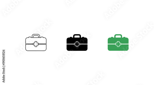 Three different medical kits with distinct colors and designs