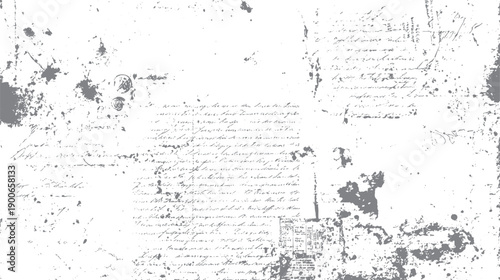 Faded handwritten script with ink splatters and grunge texture. Aged paper background with distressed