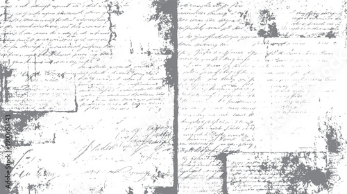 Faded handwritten script texture with ink splatters and distressed paper effect. Aged document background with illegible text
