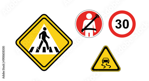 Pedestrian crossing, no seatbelt, speed limit, slippery road signs
