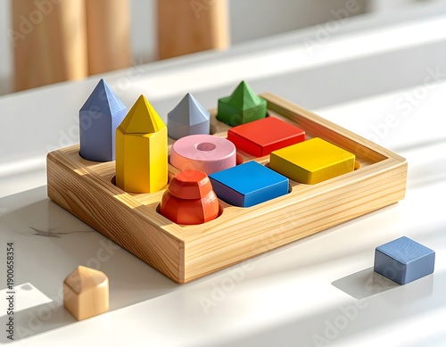 Montessori-style wooden educational toy for toddlers, including colorful geometric shapes and sorting pieces