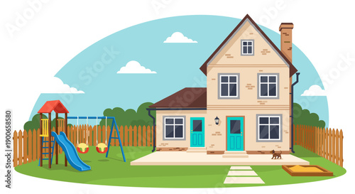 Suburban house with backyard playground and dog on sunny day