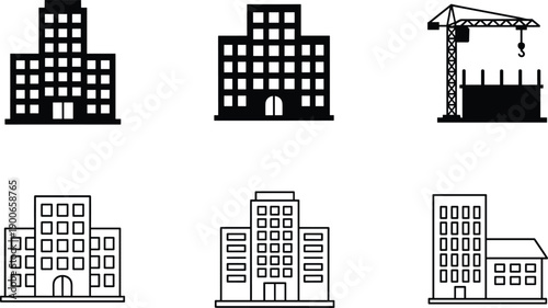 City building construction icon set showing urban architecture office tower crane vector illustration minimal outline design