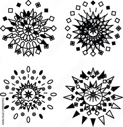 Abstract black and white graphic featuring varied geometric shapes including circles stars and oblongs