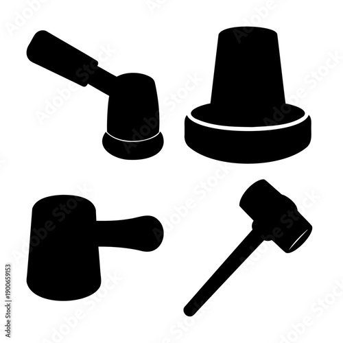 Collection of silhouetted mallets, gavel, and hammer tools in a simple graphic design