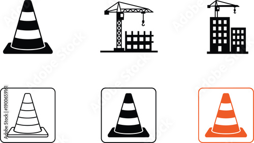 Construction safety and roadwork icon set showing traffic cone crane building symbols flat outline solid vector illustration