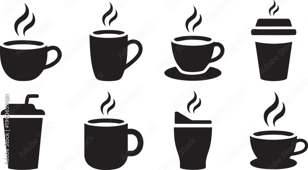 Obraz premium Variety of coffee cups and drink containers with steam