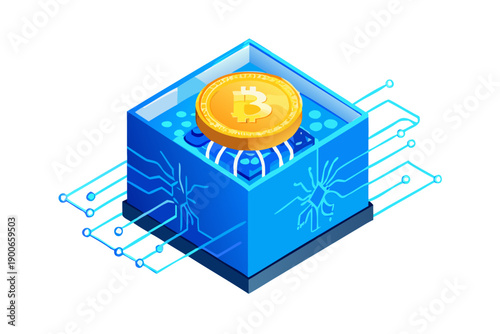 Isometric vector design of a glowing Bitcoin coin inside a high-tech circuit box, data lines connecting to nodes, neon blue and gold colors, cryptocurrency mining concept.