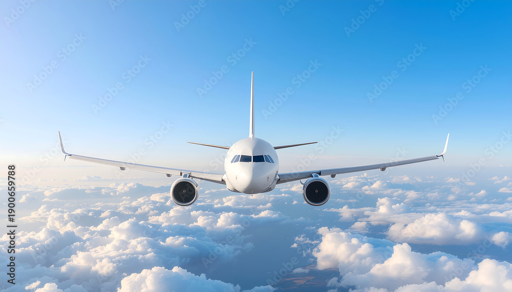 Obraz premium Front View of Commercial Airplane Flying Above Clouds in Clear Blue Sky