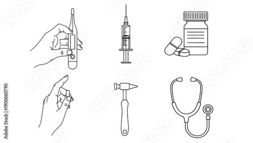 Medical Device Icon Set Representing Diagnostic Tools and Clinical Instruments Vector Illustration