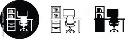 Office workspace interior icon set showing desk chair computer bookshelf layouts flat solid outline vector illustration minimal design