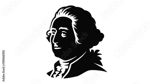Silhouette of a historical figure with a wig colonial style elegant black and white simple background classic portrait