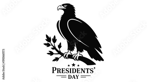 Majestic eagle perched on branch with presidents' day text black silhouette on white background