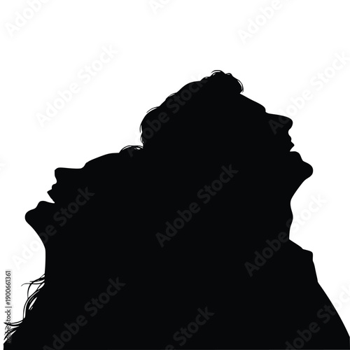 Silhouette of a young woman looking up with a sense of optimism and hope on a white background, with her long hair flowing.
