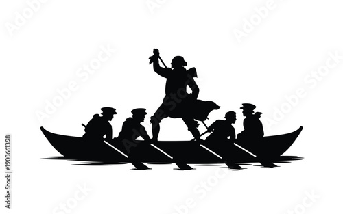Silhouette of a man standing in a canoe with five rowers paddling through calm waters at sunset