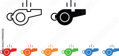 Whistle alert icon set showing notification sound symbols in multiple colors flat solid vector illustration minimal design
