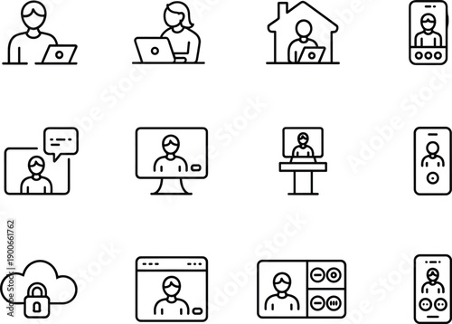 Remote work line icons set, online meeting video call symbols, thin outline vector illustration, isolated white background