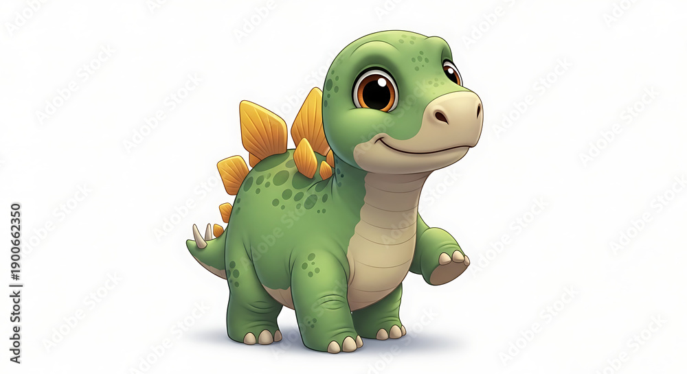 Fototapeta premium Adorable cartoon green dinosaur with yellow spikes standing on white background.
