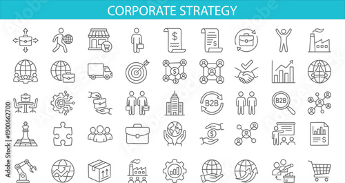 Business and finance line icons set illustrating global commerce corporate strategy analytics networking partnership growth concepts for professional infographic and digital marketing design