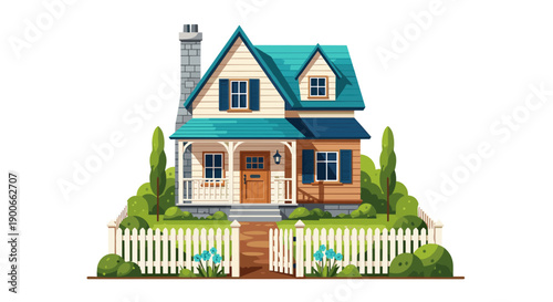 Charming suburban family house with picket fence and garden