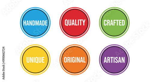Colorful badges with handmade, quality, unique, artisan concepts