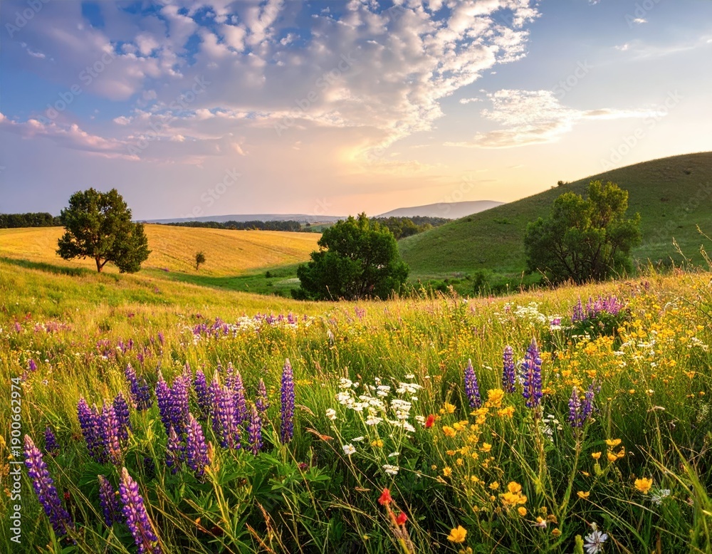 Obraz premium Serene Landscape with Colorful Wildflowers and Gentle Hills at Sunset