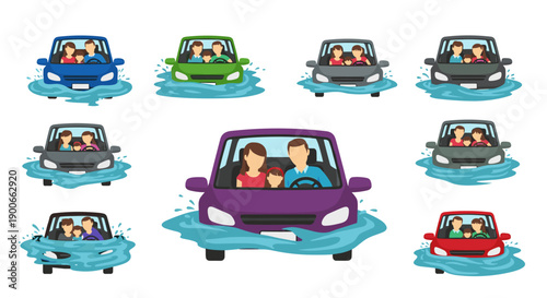 Families driving cars through floodwater in various colors